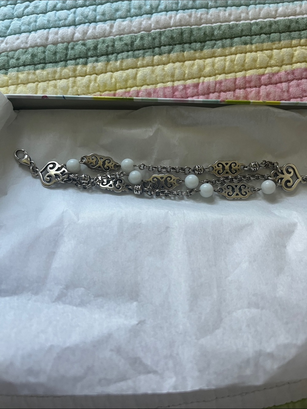 Brighton Silver-Tone Filigree Bracelet with White Beads